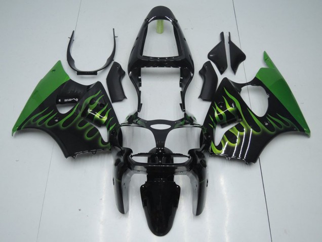 2000-2002 Black with Green Flame Kawasaki ZX6R Motorcyle Fairings 2000-2002 Black with Green Flame Kawasaki ZX6R Motorcyle Fairings