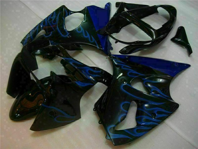2000-2002 Black with Blue Flame Kawasaki ZX6R Motorbike Fairings 2000-2002 Black with Blue Flame Kawasaki ZX6R Motorbike Fairings