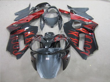 2007-2008 Black Red Flame Kawasaki ZX6R Replacement Fairings